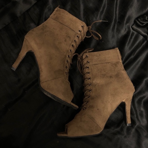 Lace Up Peep Toe Suede Heel Ankle Boots - Picture 2 of 4